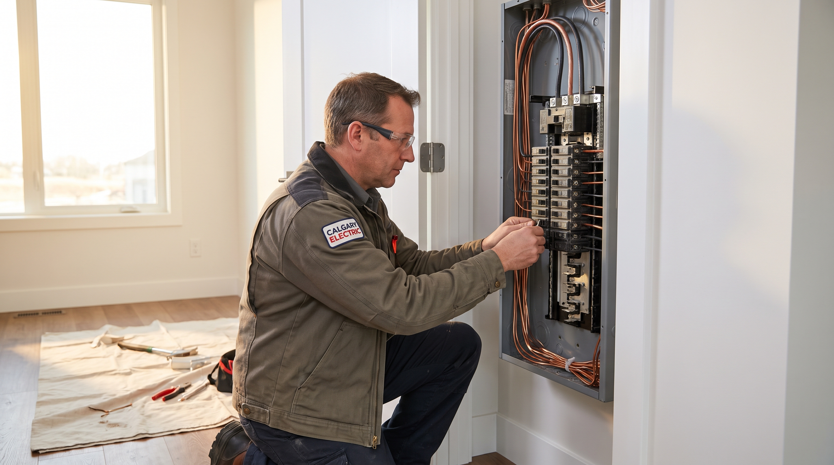 Service call — open electrical panel with copper wiring