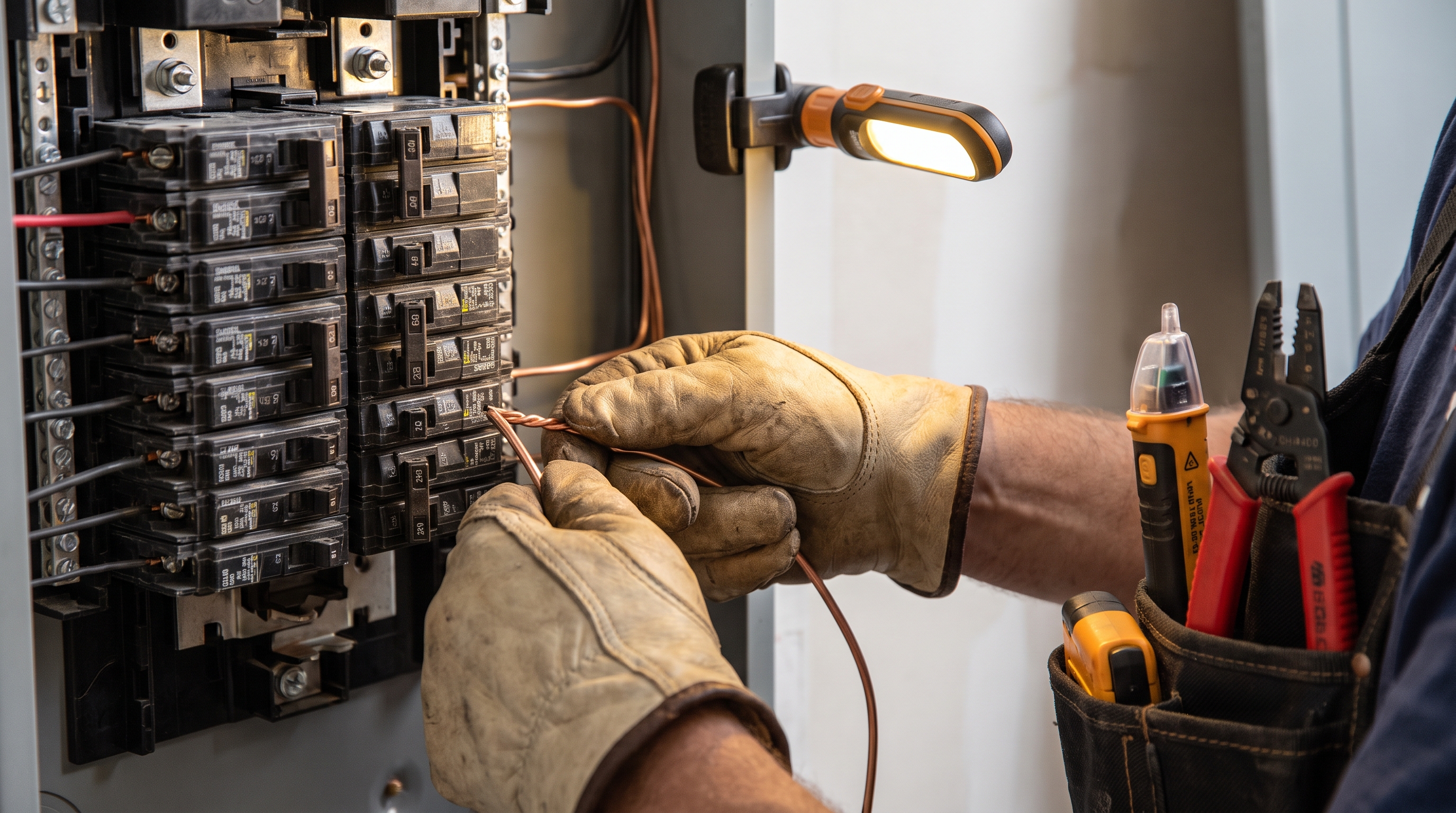 Close-up of a gloved electrician's hands running copper wire into a panel